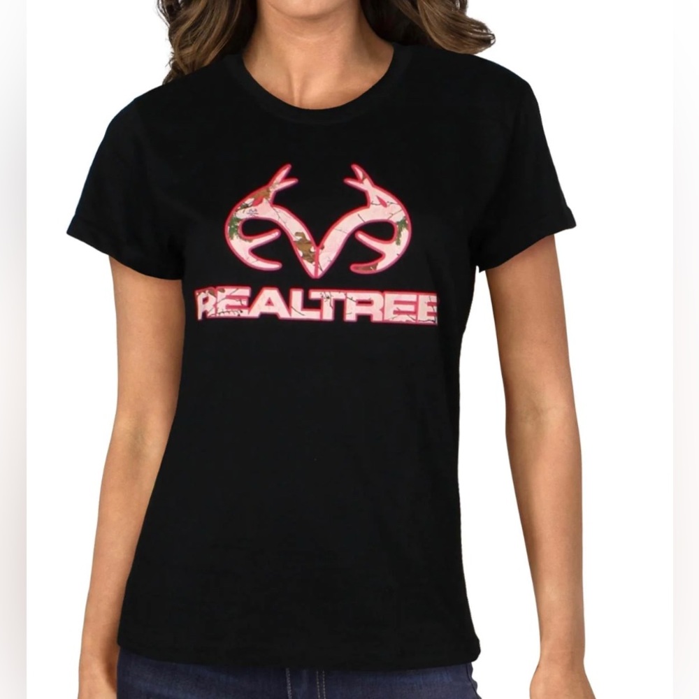 NEW RealTree Womens Short Sleeve Solid Black Graphic T-Shirt Pink Logo M L Large